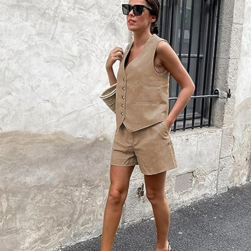 Lässiges, ärmelloses Damen-Zweiteiler-Set aus Oberteil und Shorts mit V-Ausschnitt
