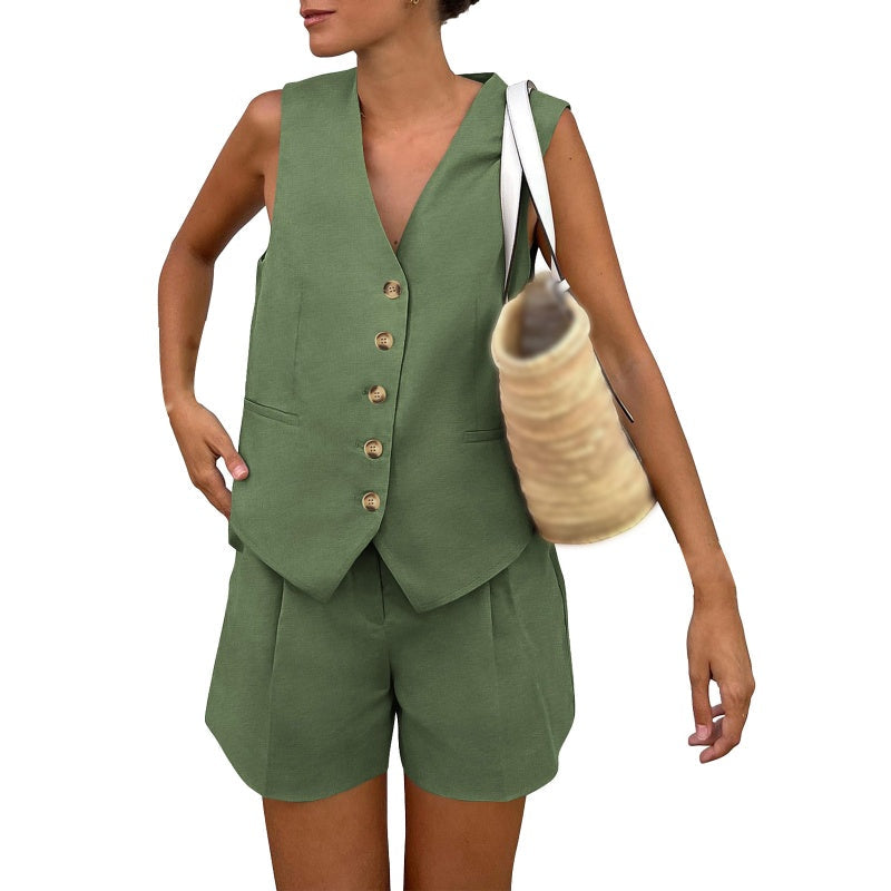 Lässiges, ärmelloses Damen-Zweiteiler-Set aus Oberteil und Shorts mit V-Ausschnitt