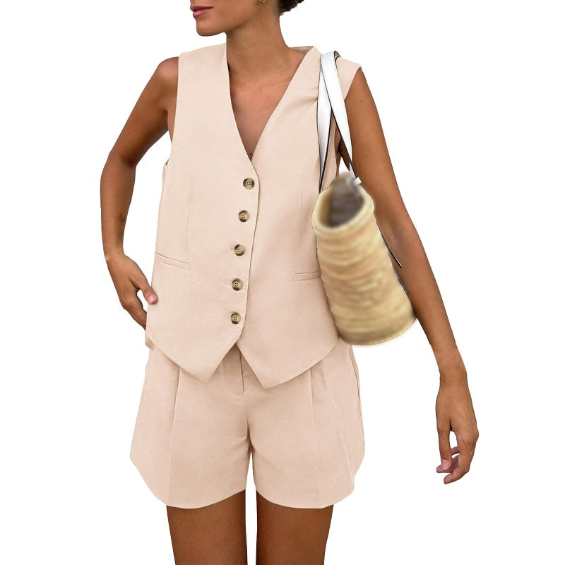 Lässiges, ärmelloses Damen-Zweiteiler-Set aus Oberteil und Shorts mit V-Ausschnitt
