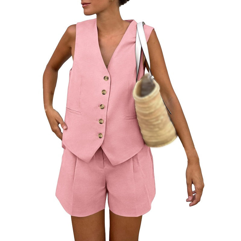 Lässiges, ärmelloses Damen-Zweiteiler-Set aus Oberteil und Shorts mit V-Ausschnitt