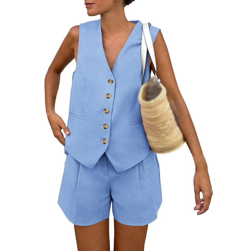 Lässiges, ärmelloses Damen-Zweiteiler-Set aus Oberteil und Shorts mit V-Ausschnitt