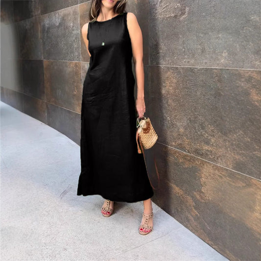 Ärmelloses Kleid für Damen in Volltonfarbe mit seitlichem Schlitz und Knöpfen