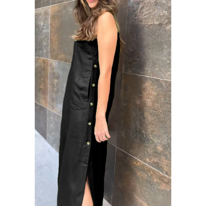 Ärmelloses Kleid für Damen in Volltonfarbe mit seitlichem Schlitz und Knöpfen