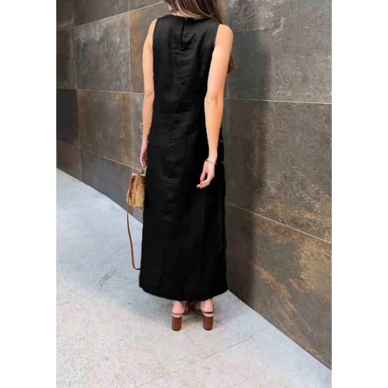 Ärmelloses Kleid für Damen in Volltonfarbe mit seitlichem Schlitz und Knöpfen