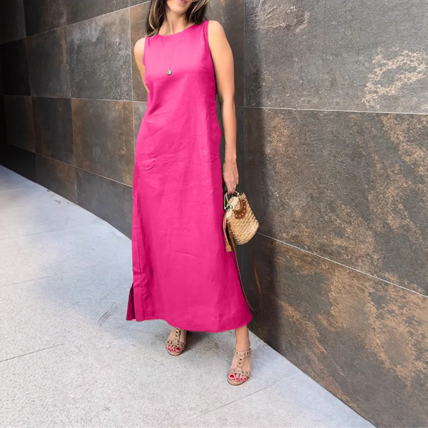 Ärmelloses Kleid für Damen in Volltonfarbe mit seitlichem Schlitz und Knöpfen