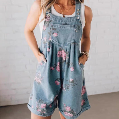 Modischer Denim-Jumpsuit mit Vintage-Blumendruck