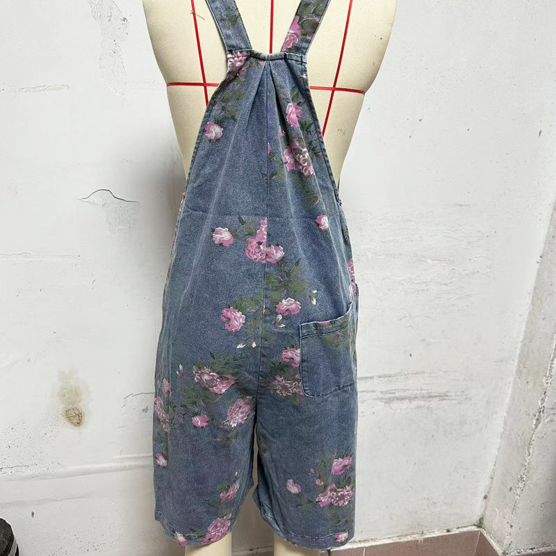 Modischer Denim-Jumpsuit mit Vintage-Blumendruck