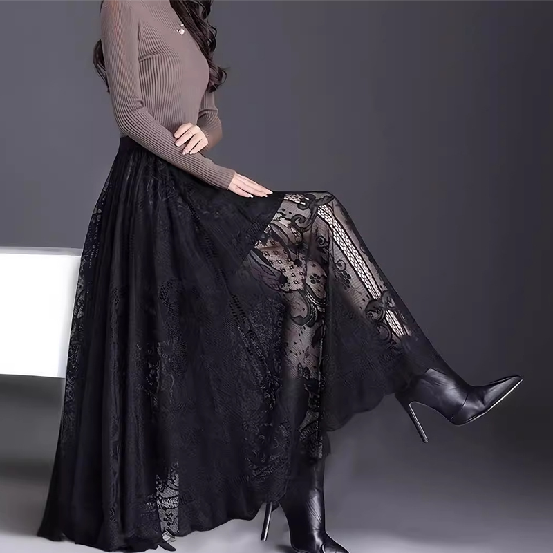 👗Hoch geschnittener Faltenrock – A-Linien-Design mit Spitze und transparenten Details💕