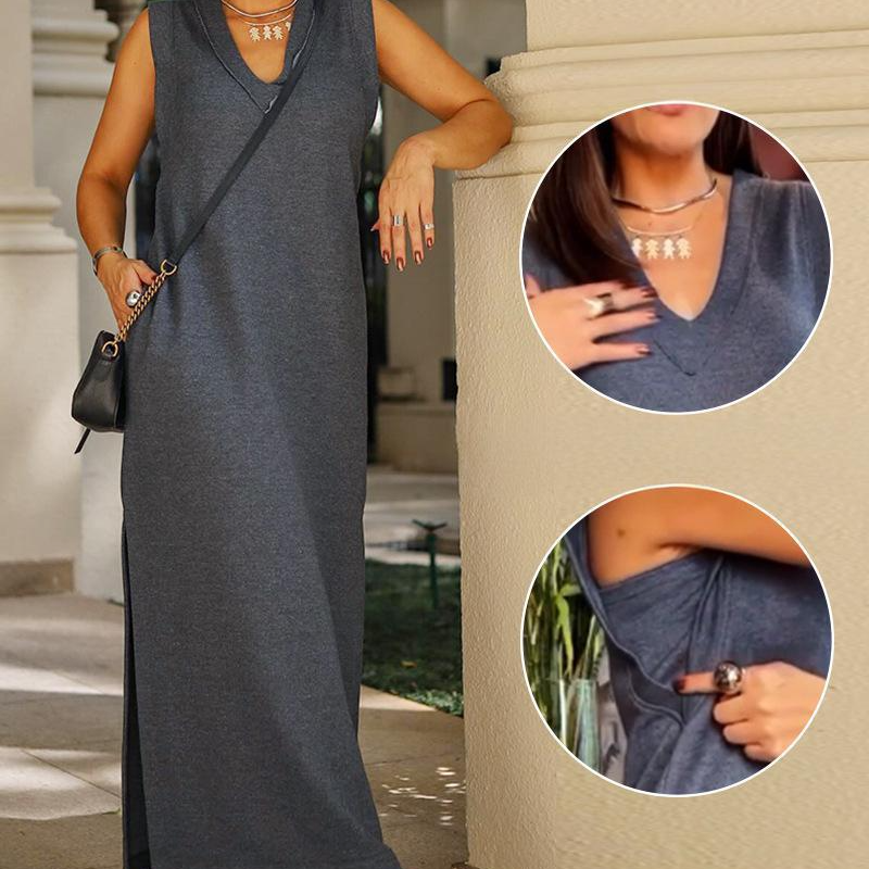 Damen ärmelloses Maxikleid mit V-Ausschnitt und Schlitz