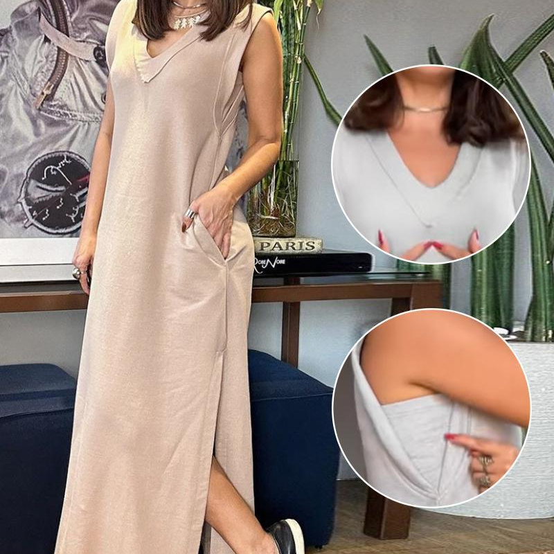 Damen ärmelloses Maxikleid mit V-Ausschnitt und Schlitz