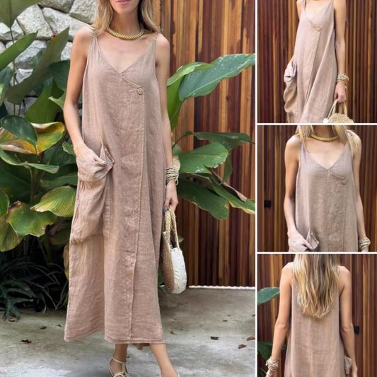 Lockeres Midikleid mit Spaghettiträgern und V-Ausschnitt