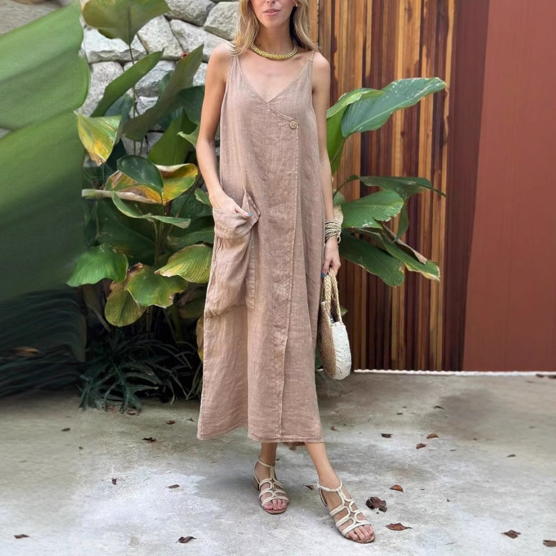 Lockeres Midikleid mit Spaghettiträgern und V-Ausschnitt