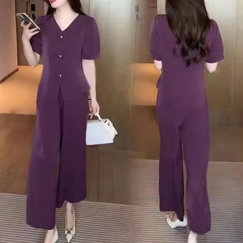💥Kurzärmeliges Oberteil mit V-Ausschnitt und passende Hose mit weitem Bein - 2-teiliges Set für Frauen
