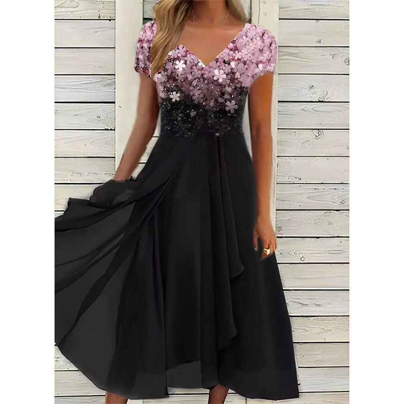 Damen Sommerkleid mit V-Ausschnitt und bedrucktem Patchwork