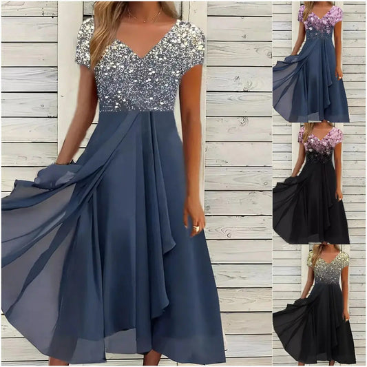 Damen Sommerkleid mit V-Ausschnitt und bedrucktem Patchwork