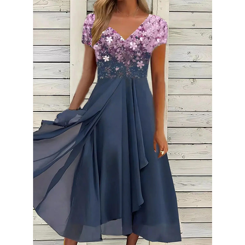 Damen Sommerkleid mit V-Ausschnitt und bedrucktem Patchwork