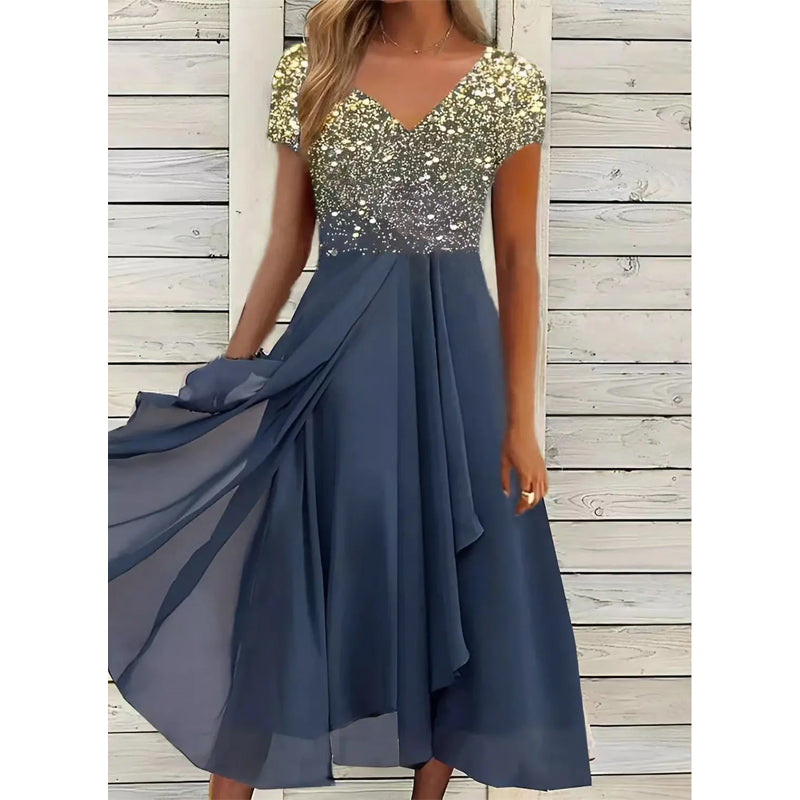 Damen Sommerkleid mit V-Ausschnitt und bedrucktem Patchwork