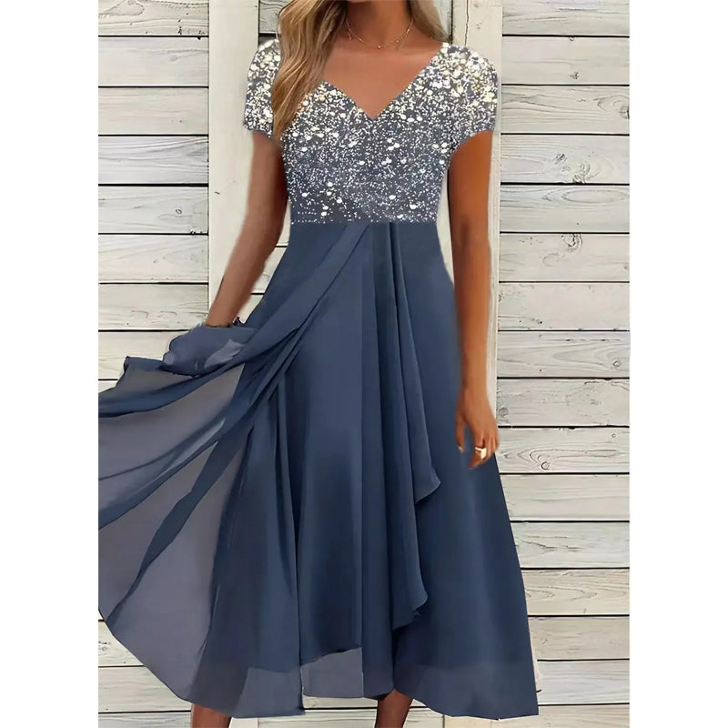 Damen Sommerkleid mit V-Ausschnitt und bedrucktem Patchwork