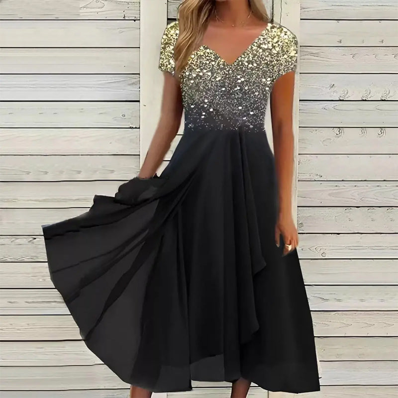Damen Sommerkleid mit V-Ausschnitt und bedrucktem Patchwork