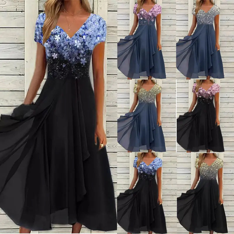 Damen Sommerkleid mit V-Ausschnitt und bedrucktem Patchwork