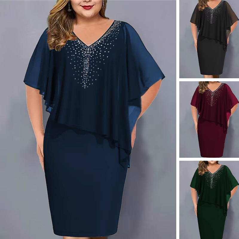 ✨Strass-Cape-Kleid mit V-Ausschnitt und Chiffon-Überzug