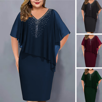 🌸Sommer-Sonderangebote 2026💐Cape-Kleid mit V-Ausschnitt und Strassverzierung sowie Chiffon-Überzug