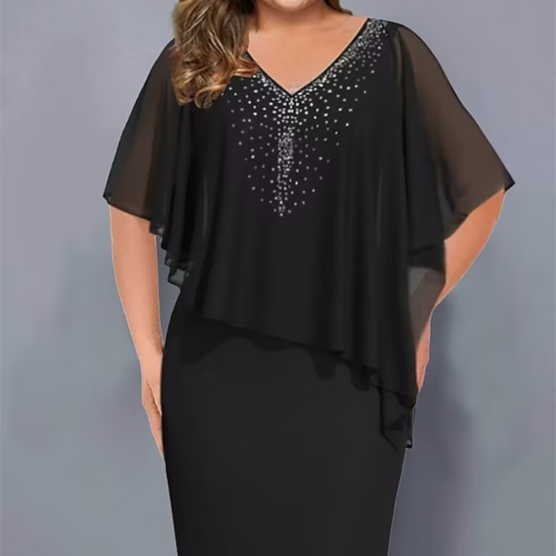 ✨Strass-Cape-Kleid mit V-Ausschnitt und Chiffon-Überzug