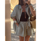 Damen-Zweiteiler mit Streifenprint: Hemdbluse mit Knopfleiste & Shorts