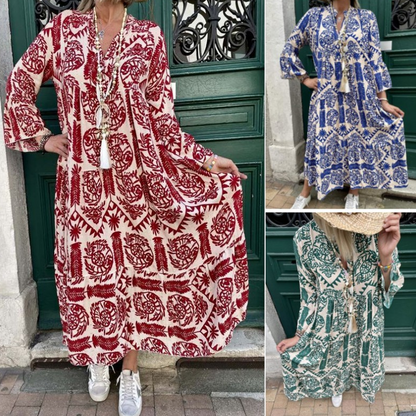 Bedrucktes Plisseekleid mit V-Ausschnitt für Damen