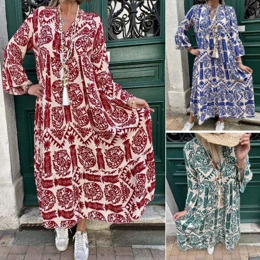 Bedrucktes Plisseekleid mit V-Ausschnitt für Damen