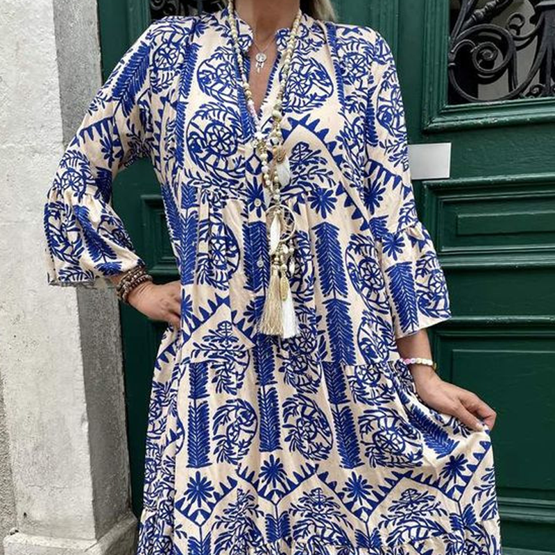 Bedrucktes Plisseekleid mit V-Ausschnitt für Damen