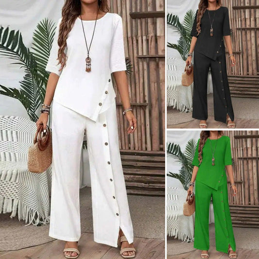 Zweiteiliges Damen-Set aus Top mit asymmetrischem Saum und Hose mit weitem Bein
