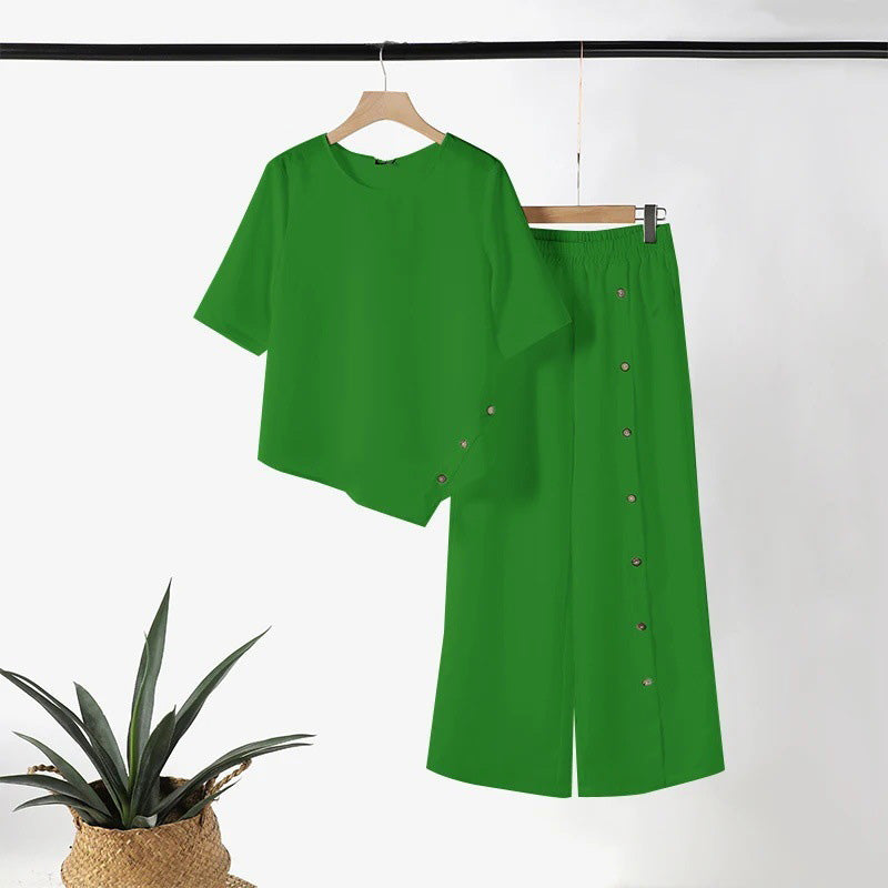 Zweiteiliges Damen-Set aus Top mit asymmetrischem Saum und Hose mit weitem Bein