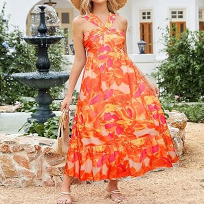 🌺Ärmelloses Kleid mit gekreuztem Neckholder und Blumenmuster💃