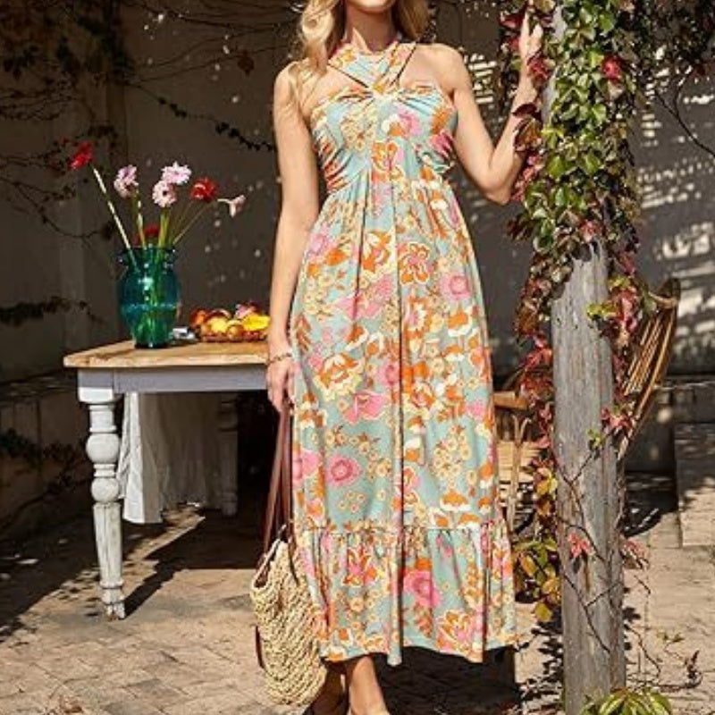 🌺Ärmelloses Kleid mit gekreuztem Neckholder und Blumenmuster💃