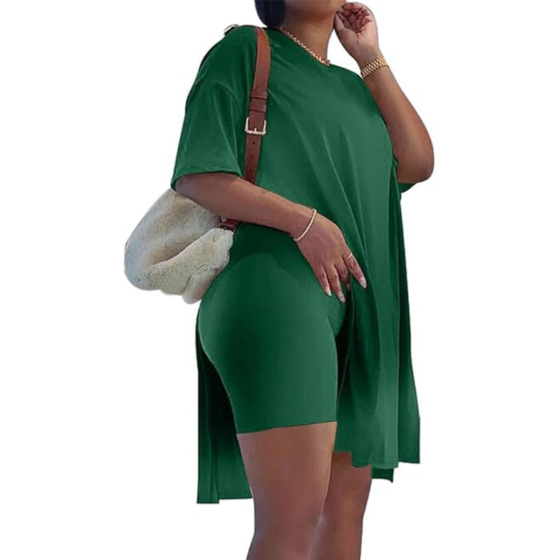 Solides Rundhals-Kleid- und Shorts-Set für Damen
