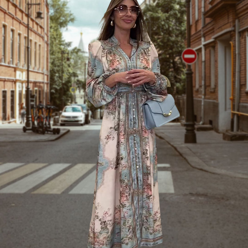 Elegantes geknöpftes Blumenkleid mit hohem V-Ausschnitt und Taille