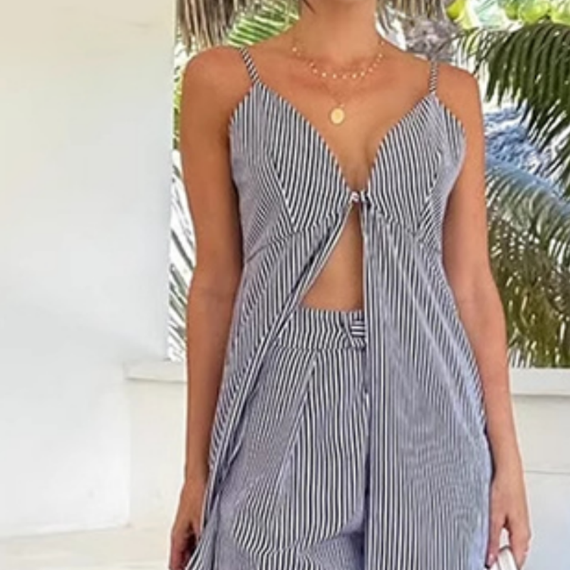 💖Gestreifter Zweiteiler für Damen: Ärmelloses, langes Trägertop mit Schlitz & Hose