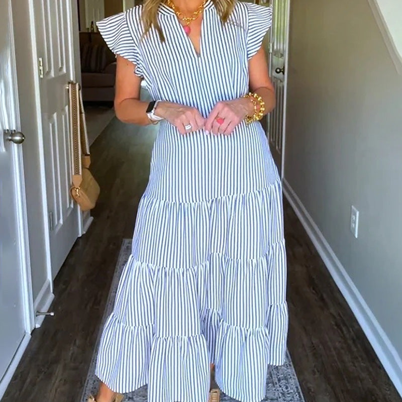 🌈Damen Midikleid mit gestreiften Stufen und Rüschen