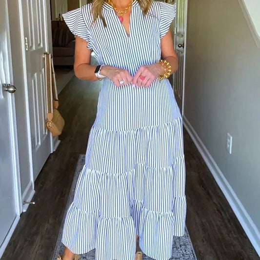 🌈Damen Midikleid mit gestreiften Stufen und Rüschen