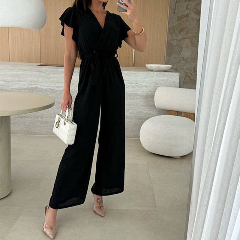 Damen einfarbiger Jumpsuit mit V-Ausschnitt, Rüschenärmeln und weitem Bein