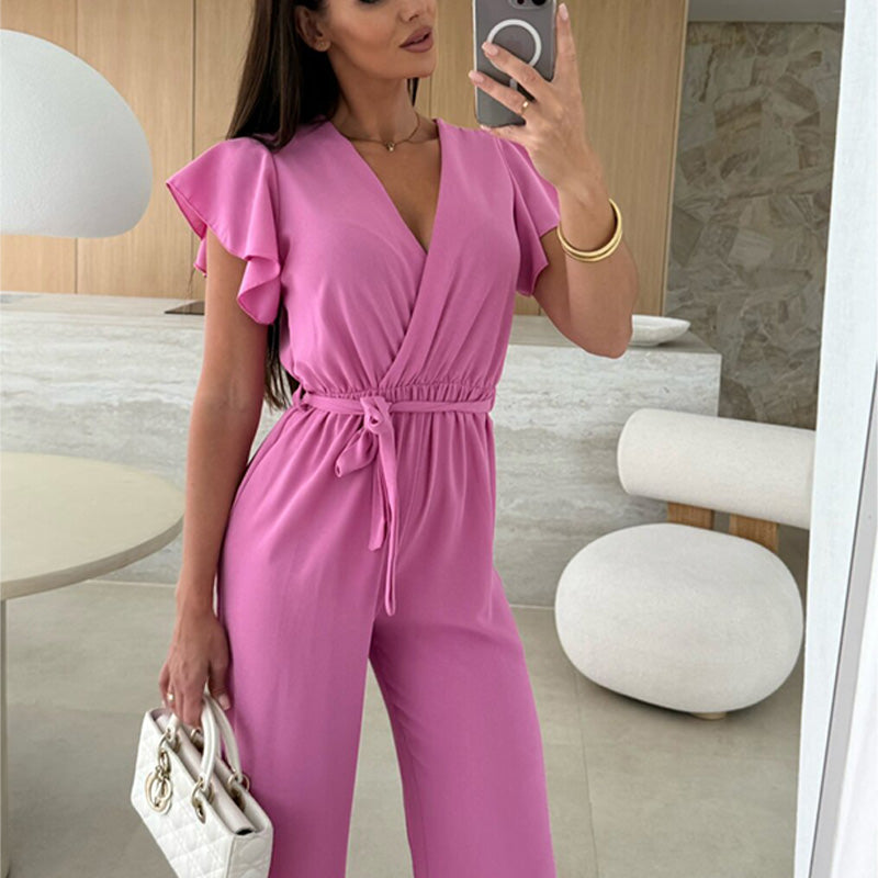Damen einfarbiger Jumpsuit mit V-Ausschnitt, Rüschenärmeln und weitem Bein