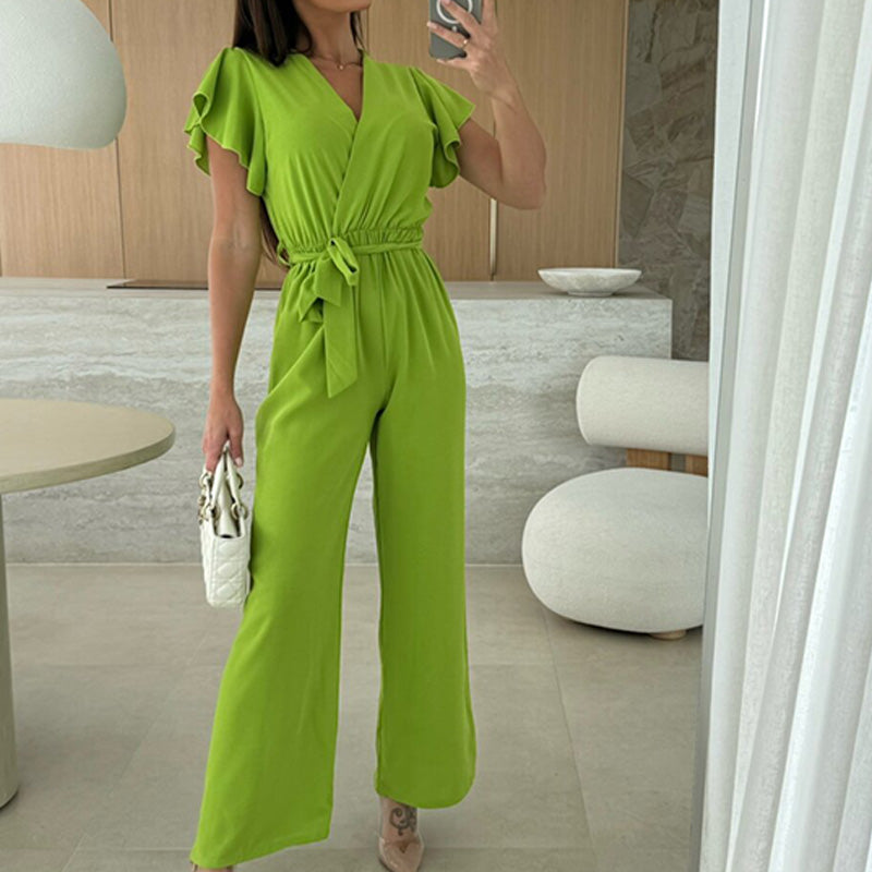 Damen einfarbiger Jumpsuit mit V-Ausschnitt, Rüschenärmeln und weitem Bein