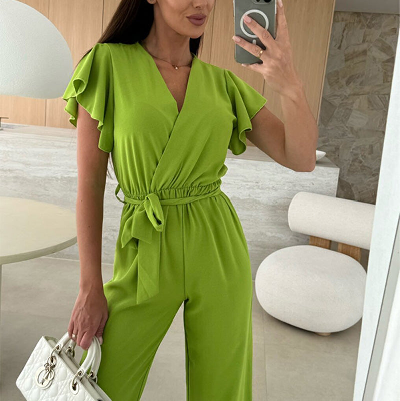 Damen einfarbiger Jumpsuit mit V-Ausschnitt, Rüschenärmeln und weitem Bein
