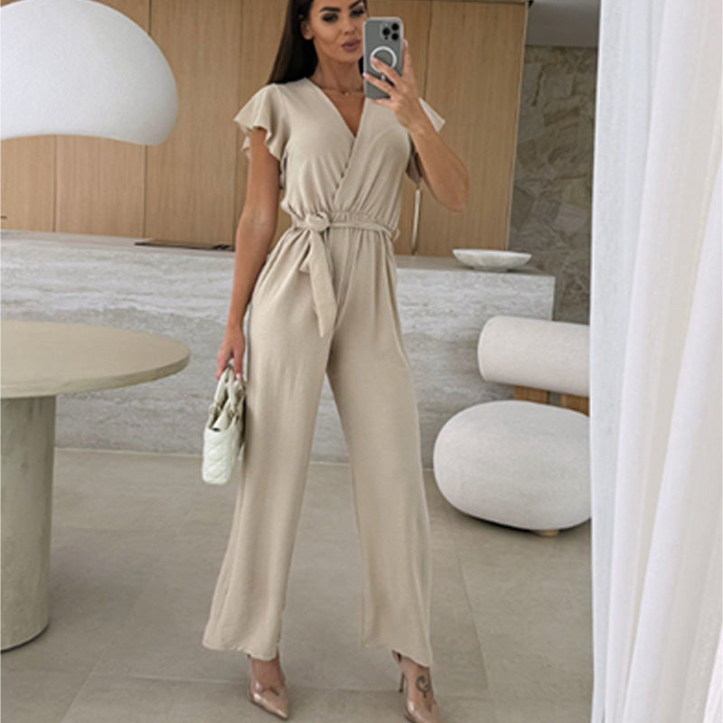 Damen einfarbiger Jumpsuit mit V-Ausschnitt, Rüschenärmeln und weitem Bein