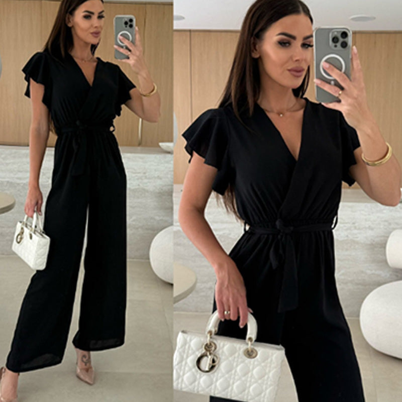Damen einfarbiger Jumpsuit mit V-Ausschnitt, Rüschenärmeln und weitem Bein