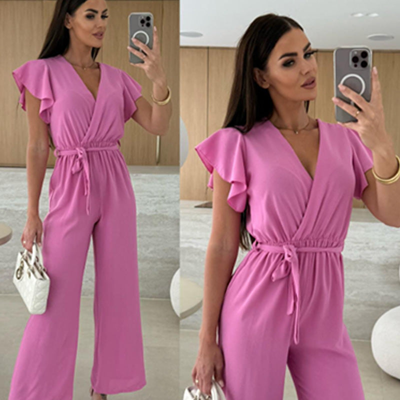 Damen einfarbiger Jumpsuit mit V-Ausschnitt, Rüschenärmeln und weitem Bein