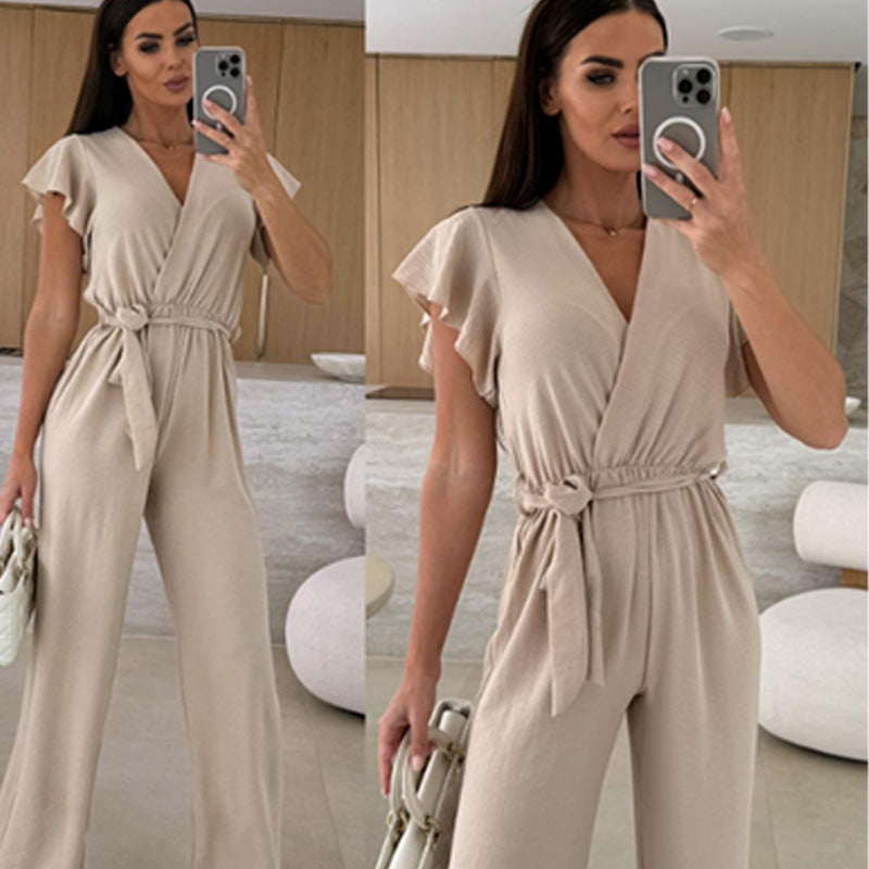 Damen einfarbiger Jumpsuit mit V-Ausschnitt, Rüschenärmeln und weitem Bein