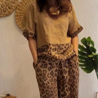 Stilvolles zweiteiliges Set mit kurzärmligem Patchwork-Oberteil und Hose mit weitem Bein