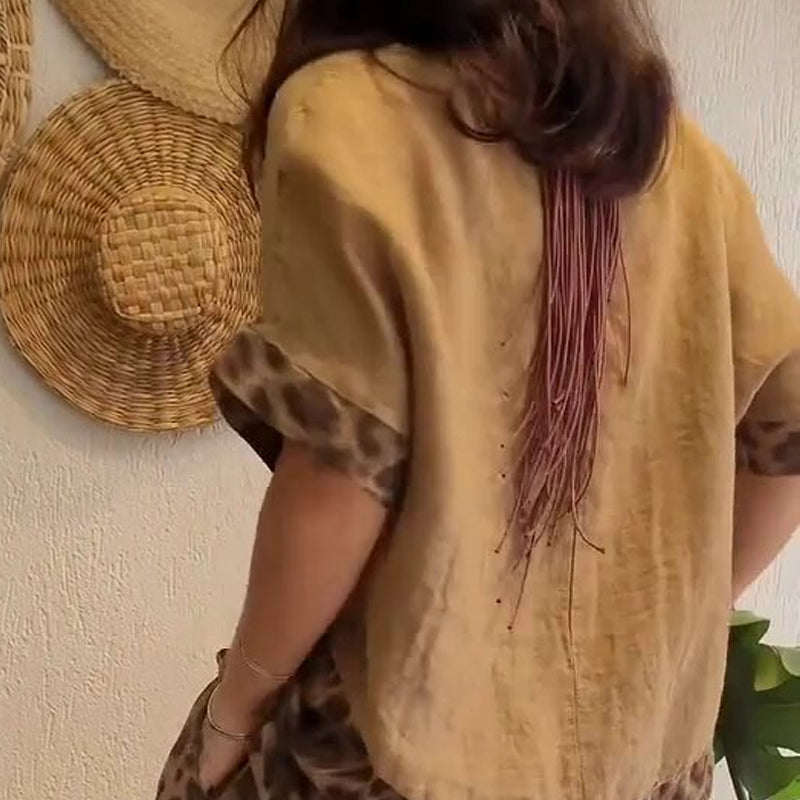 Stilvolles zweiteiliges Set mit kurzärmligem Patchwork-Oberteil und Hose mit weitem Bein